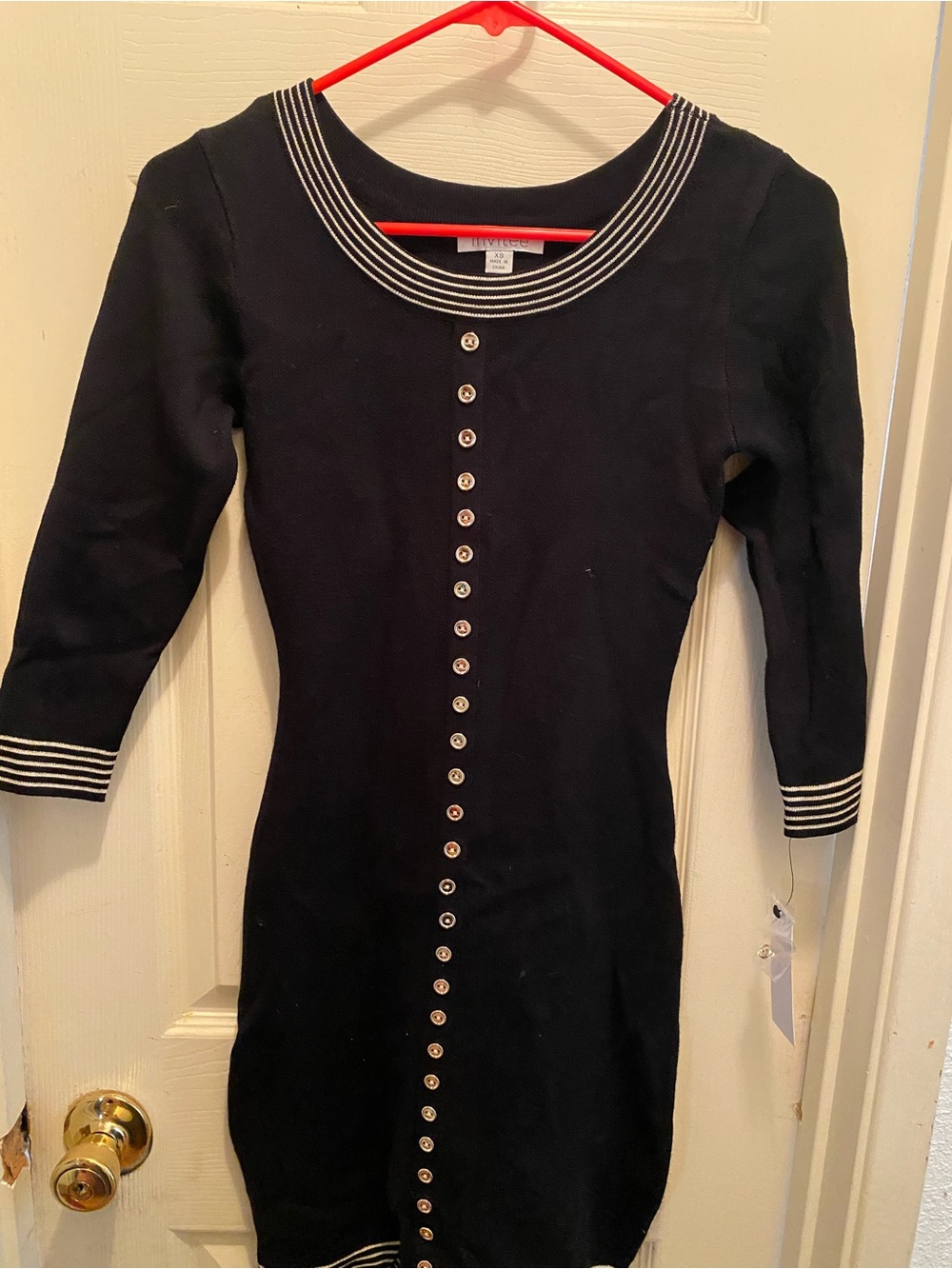 Black Striped Trim Button-Front Knit Dress